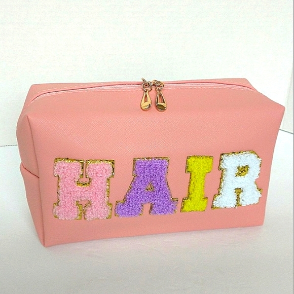 New Chenille Varsity Lettered Makeup / Hair Products Zippered Bag - Picture 1 of 7